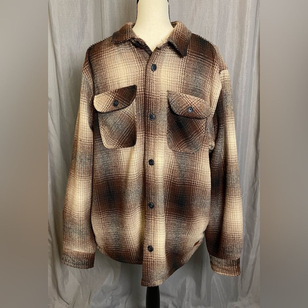 Jachs New York Wool Blend Shirt Jacket with Pockets Brown Plaid Size L